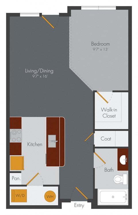 Floor plan for studio, 1 bath, 585 sqft